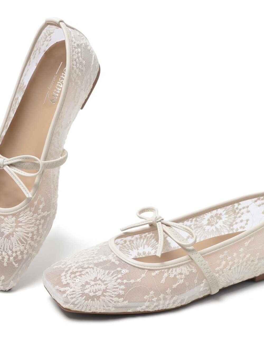 Square Toe Ballet Flats for Women Mary Jane Shoes with Strap Lace up Bow Flat